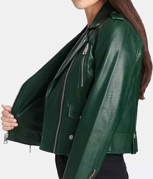 Motorcycle Rihanna Green Leather  Jacket - Image 3