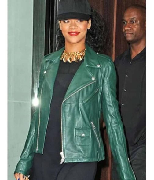 Motorcycle Rihanna Green Leather  Jacket - Image 2