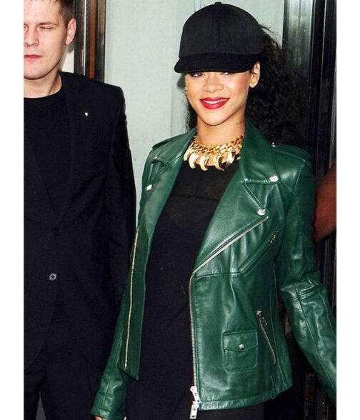 Motorcycle Rihanna Green Leather  Jacket - Image 6