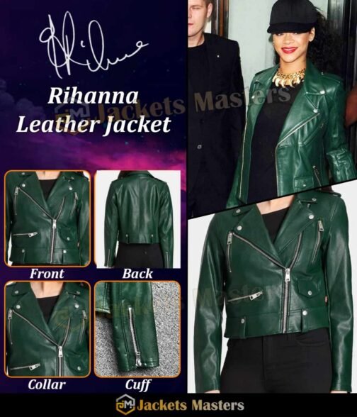 Motorcycle Rihanna Green Leather  Jacket - Image 8