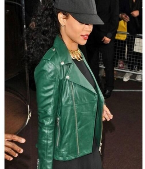 Motorcycle Rihanna Green Leather  Jacket - Image 5