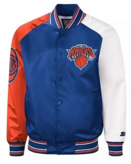 NY Knicks Reliever Raglan Royal Blue and Orange Satin Jacket