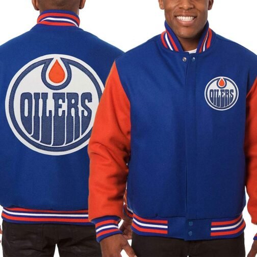 Edmonton Oilers Two-Tone Varsity Royal/Orange Wool Jacket - Image 3