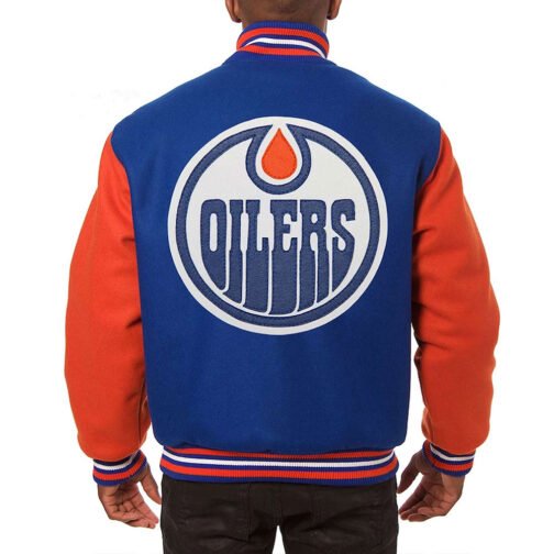Edmonton Oilers Two-Tone Varsity Royal/Orange Wool Jacket - Image 2