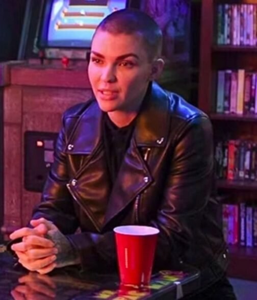 1UP Ruby Rose Biker Black Leather Jacket - Image 6