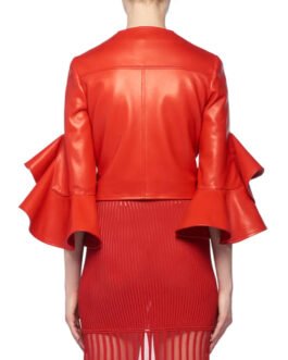 Ruffle Elbow-Sleeve Fitted Cropped Biker Leather Jacket