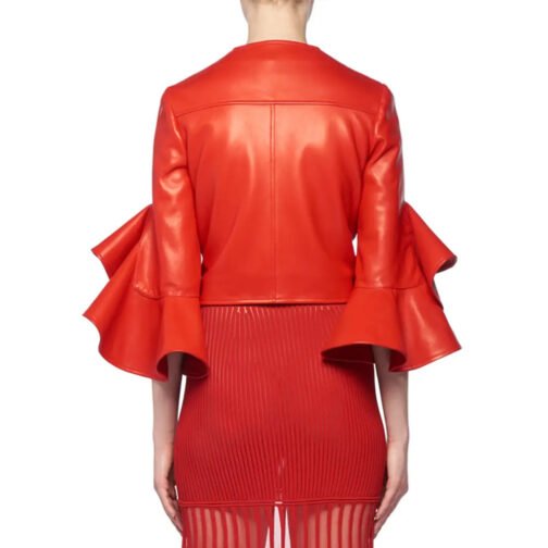 Ruffle Elbow-Sleeve Fitted Cropped Biker Leather Jacket - Image 2