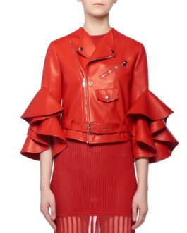 Ruffle Elbow-Sleeve Fitted Cropped Biker Leather Jacket