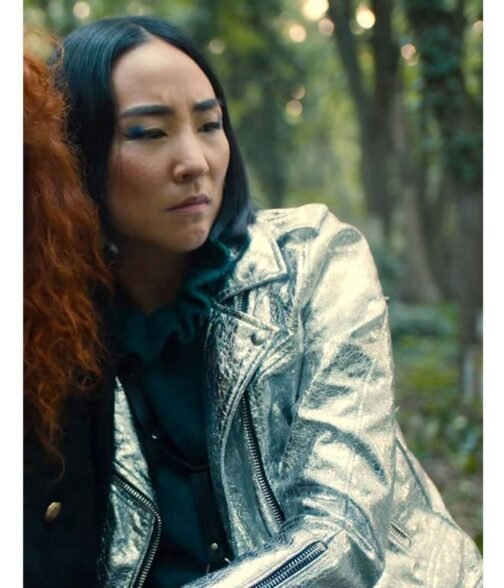 Greta Lee Russian Doll Silver Biker Leather Jacket - Image 3