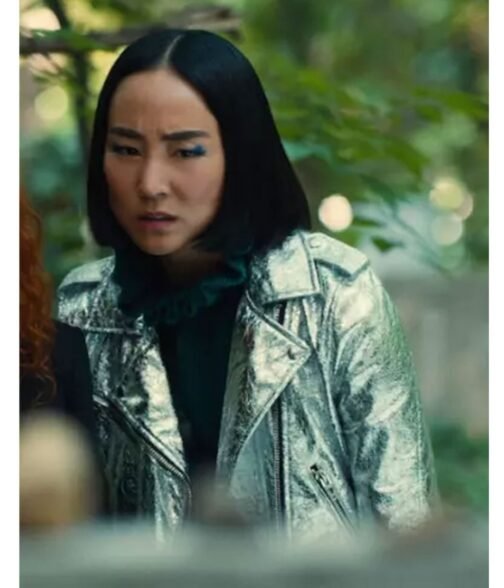 Greta Lee Russian Doll Silver Biker Leather Jacket - Image 2