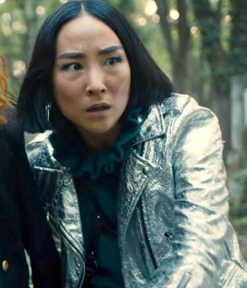 Greta Lee Russian Doll Silver Biker Leather Jacket