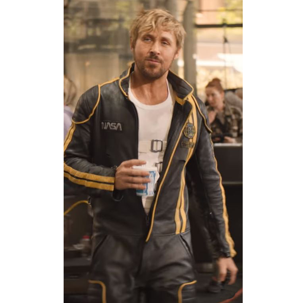 Ryan Gosling The Fall Guy NASA Black Leather Jacket front view