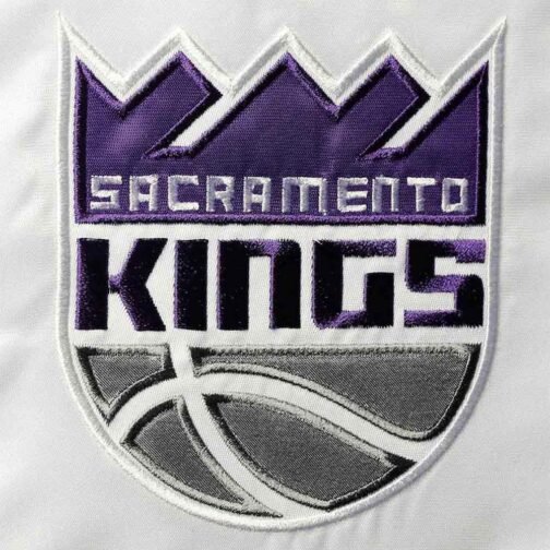Sacramento Kings Renegade Purple and White Varsity Satin Jacket - Image 6