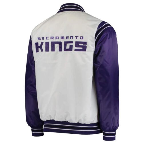 Sacramento Kings Renegade Purple and White Varsity Satin Jacket - Image 3