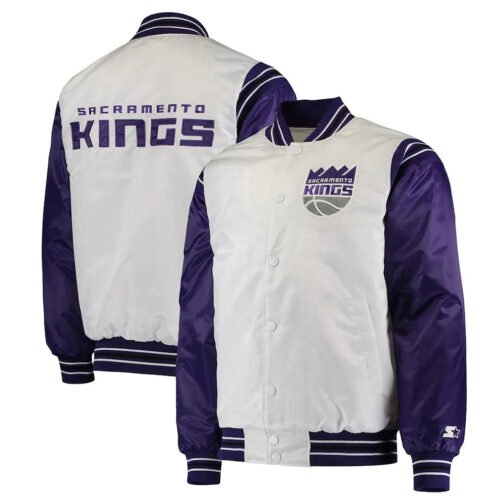 Sacramento Kings Renegade Purple and White Varsity Satin Jacket - Image 5