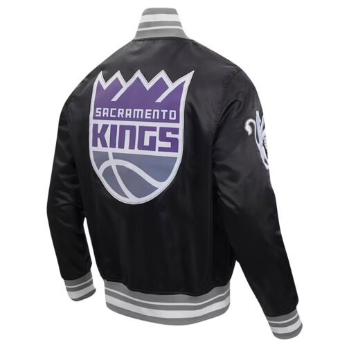 Sacramento Kings Script Tail Black Varsity Satin Jacket - Image 4