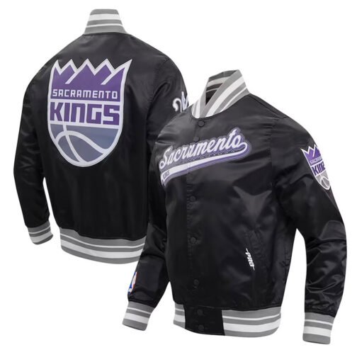 Sacramento Kings Script Tail Black Varsity Satin Jacket - Image 5