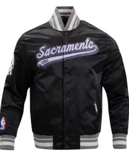 Sacramento Kings Script Tail Black Varsity Satin Jacket