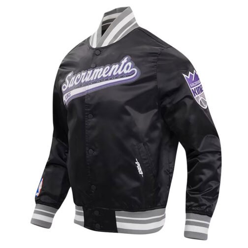 Sacramento Kings Script Tail Black Varsity Satin Jacket - Image 3