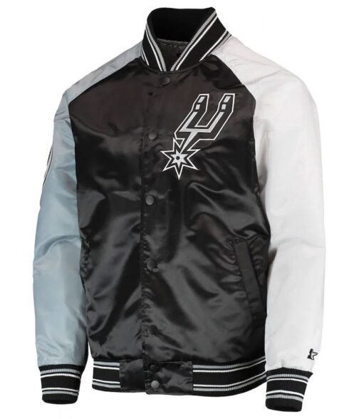 San Antonio Spurs Reliever Raglan Varsity Satin Black and Grey Jacket