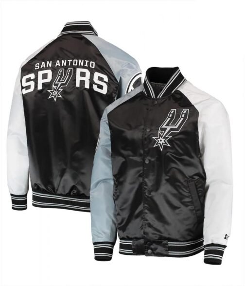 San Antonio Spurs Reliever Raglan Varsity Satin Black and Grey Jacket - Image 3