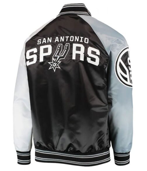 San Antonio Spurs Reliever Raglan Varsity Satin Black and Grey Jacket - Image 2