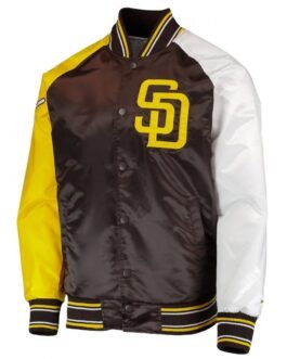 San Diego Padres Raglan Reliever Brown and Gold Satin Varsity Jacket