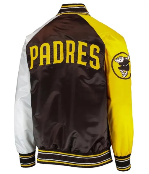 San Diego Padres Raglan Reliever Brown and Gold Satin Varsity Jacket - Image 2