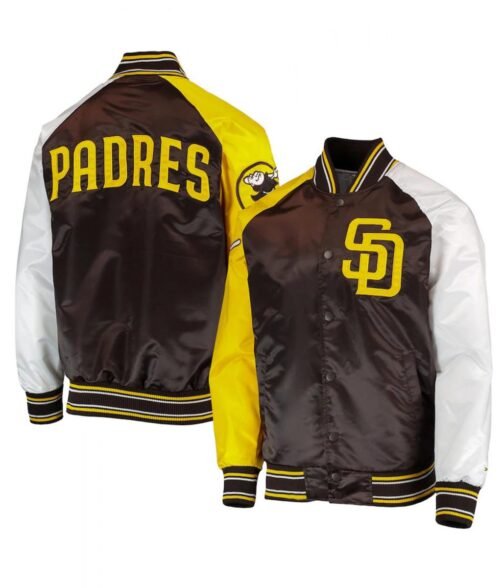 San Diego Padres Raglan Reliever Brown and Gold Satin Varsity Jacket - Image 3