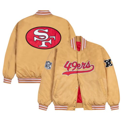 San Francisco 49ers Red and White Rib Bomber Gold Jacket - Image 3