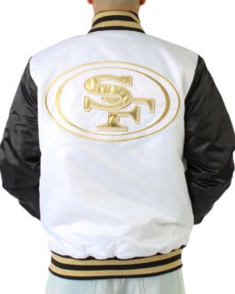 San Francisco 49ers Gold Patches Black and White Satin Jacket