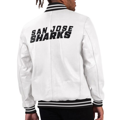San Jose Sharks Black Ice Varsity White Leather Jacket - Image 2