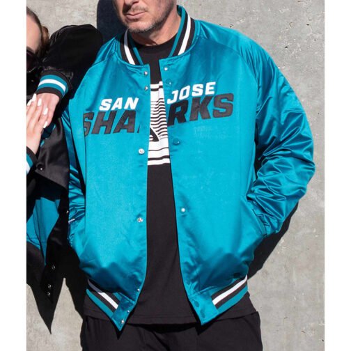 San Jose Sharks Current Logo Teal Blue Satin Jacket - Image 4