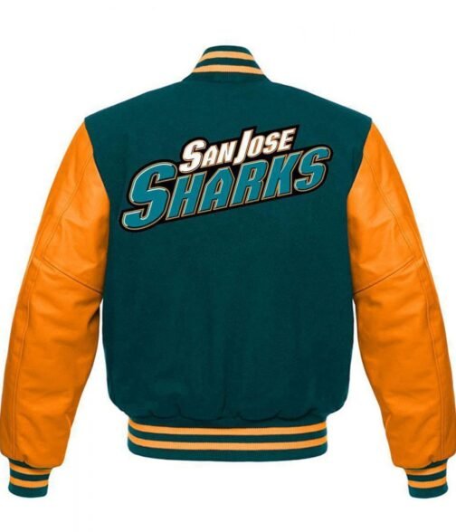 San Jose Sharks NHL Varsity Green and Orange Jacket - Image 2