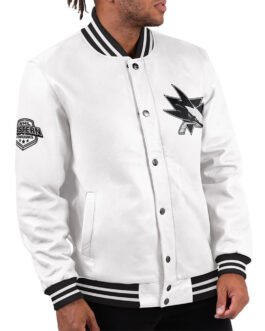 San Jose Sharks Black Ice Varsity White Leather Jacket
