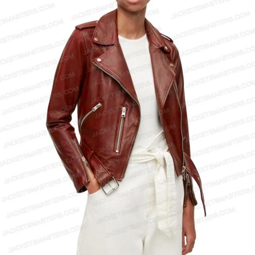 Sandra Mae Frank New Amsterdam Brown Biker Leather Jacket - Image 4