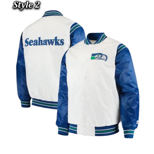 Seattle Seahawks Varsity Blue and White Satin Jacket - Image 6
