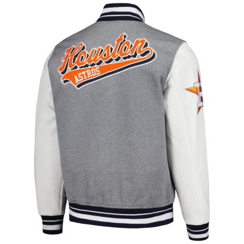 Script Tail Houston Astros Heather Gray and White Varsity Jacket - Image 2