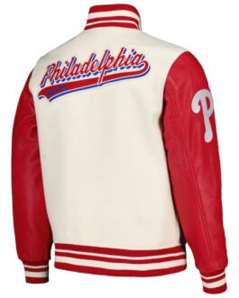 Script Tail Philadelphia Phillies Cream and Red Varsity Jacket