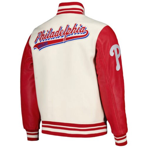 Script Tail Philadelphia Phillies Cream and Red Varsity Jacket - Image 2