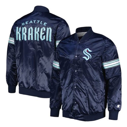 Seattle Kraken Pick & Roll Deep Sea Blue Satin Jacket - Image 3