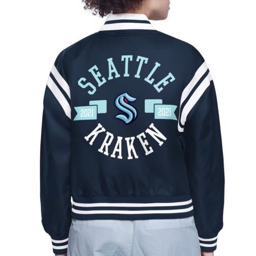 Seattle Kraken Printed Logo Varsity Satin Jacket - Image 2