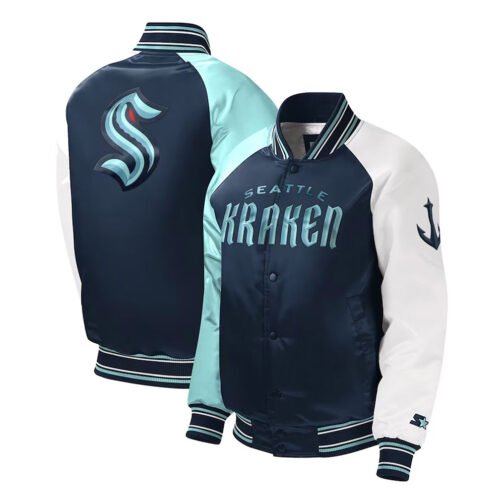 Youth Seattle Kraken Raglan Full-snap Varsity Satin Jacket - Image 3