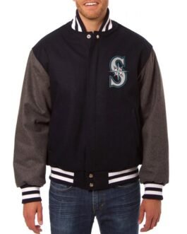 Seattle Mariners Two Tone Navy and Grey Letterman Wool Jacket