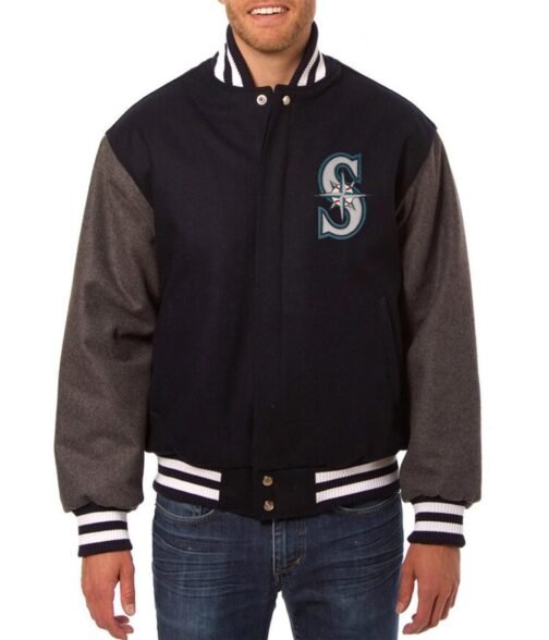 Seattle Mariners Two Tone Navy and Grey Letterman Wool Jacket