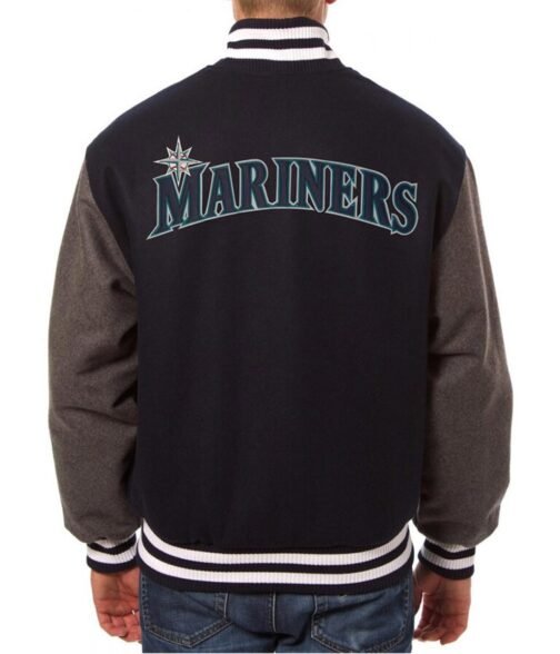 Seattle Mariners Two Tone Navy and Grey Letterman Wool Jacket - Image 2