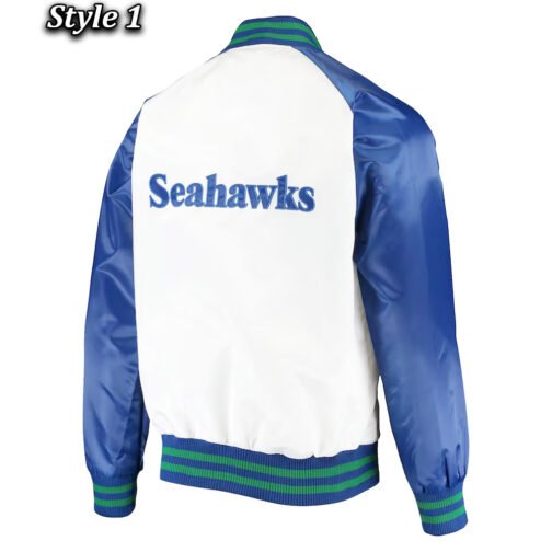 Seattle Seahawks Varsity Blue and White Satin Jacket - Image 3