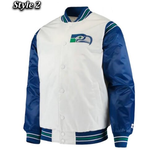Seattle Seahawks Varsity Blue and White Satin Jacket - Image 2