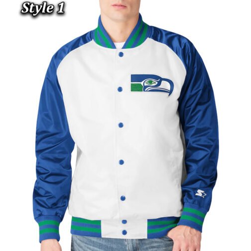 Seattle Seahawks Varsity Blue and White Satin Jacket - Image 7