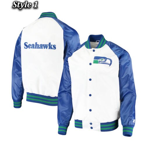 Seattle Seahawks Varsity Blue and White Satin Jacket - Image 5